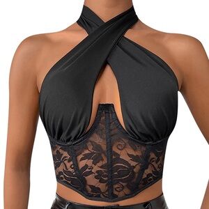 Black Lace crossover Halter Top